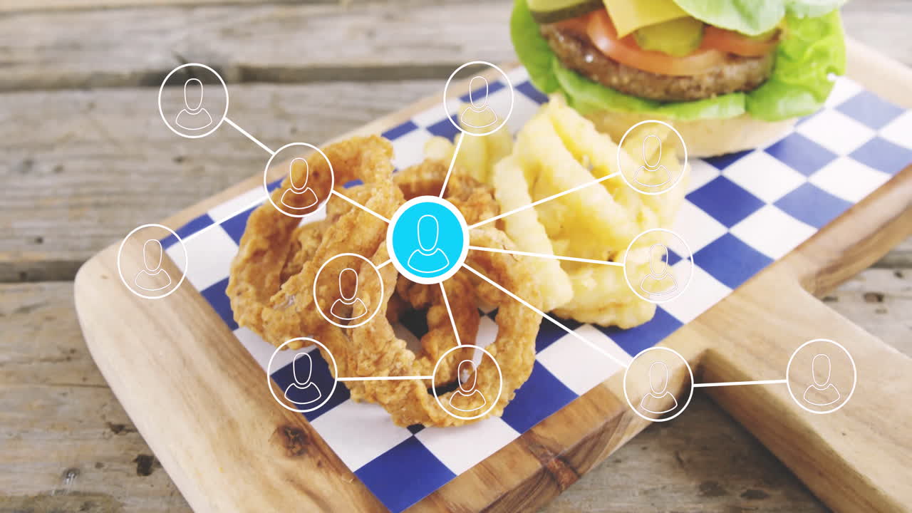 Animation of onion rings and fries with network connection overlay on board