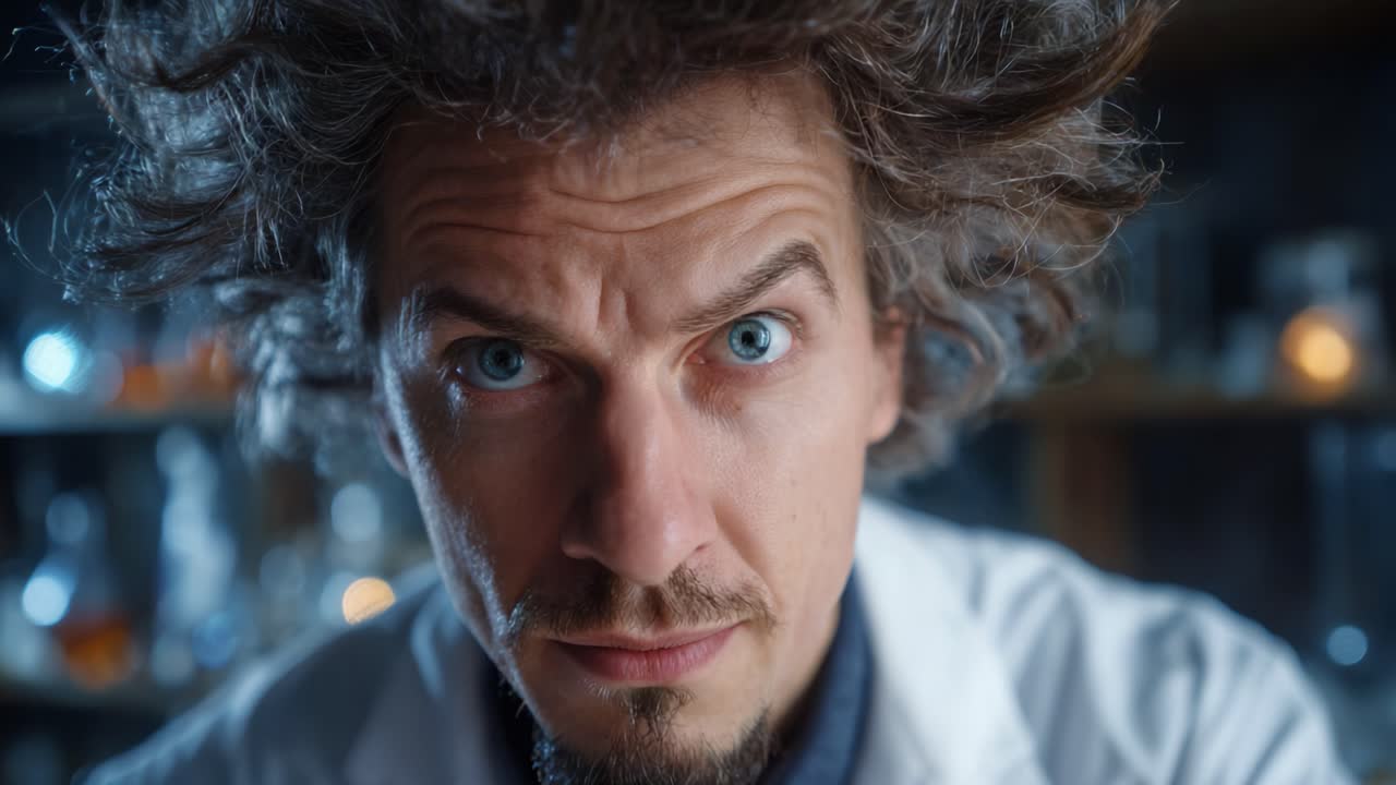 A scientist with wild hair and intense gaze, captured in two frames showcasing an engaging expression, highlighting curiosity and excitement in a laboratory setting