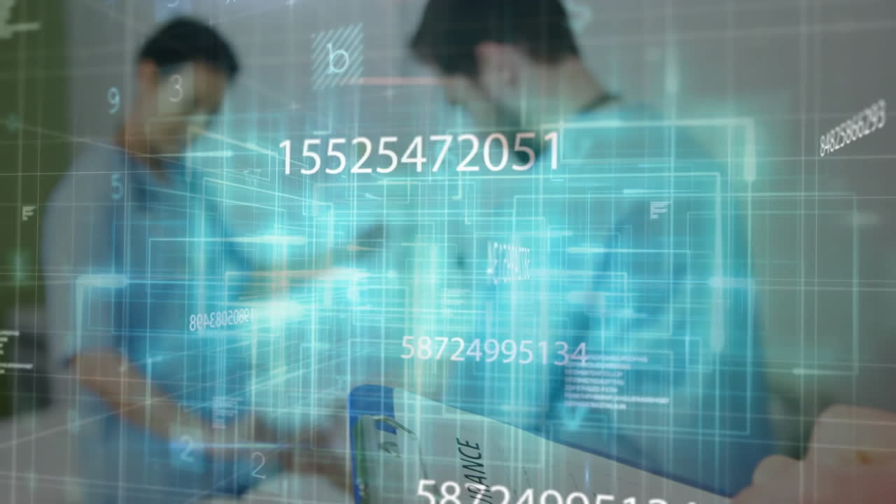 Medical team analyzing clinical data, interacting with holographic grid and floating numbers