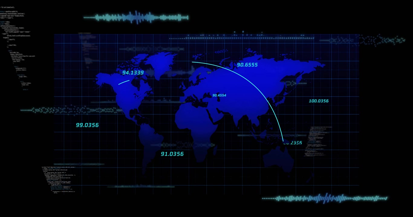 Control panel appearing, world map sending data arcs and pulsing code visualizing network flow