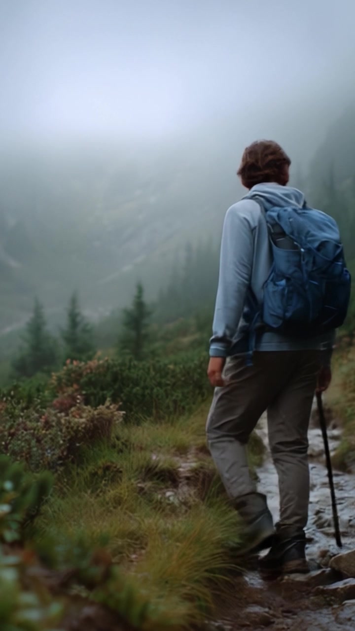 Un escursionista solitario esplora un sentiero di montagna nebbioso, circondato da una lussureggiante vegetazione e alberi imponenti, abbracciando la tranquillità della natura mentre prosegue il suo cammino.