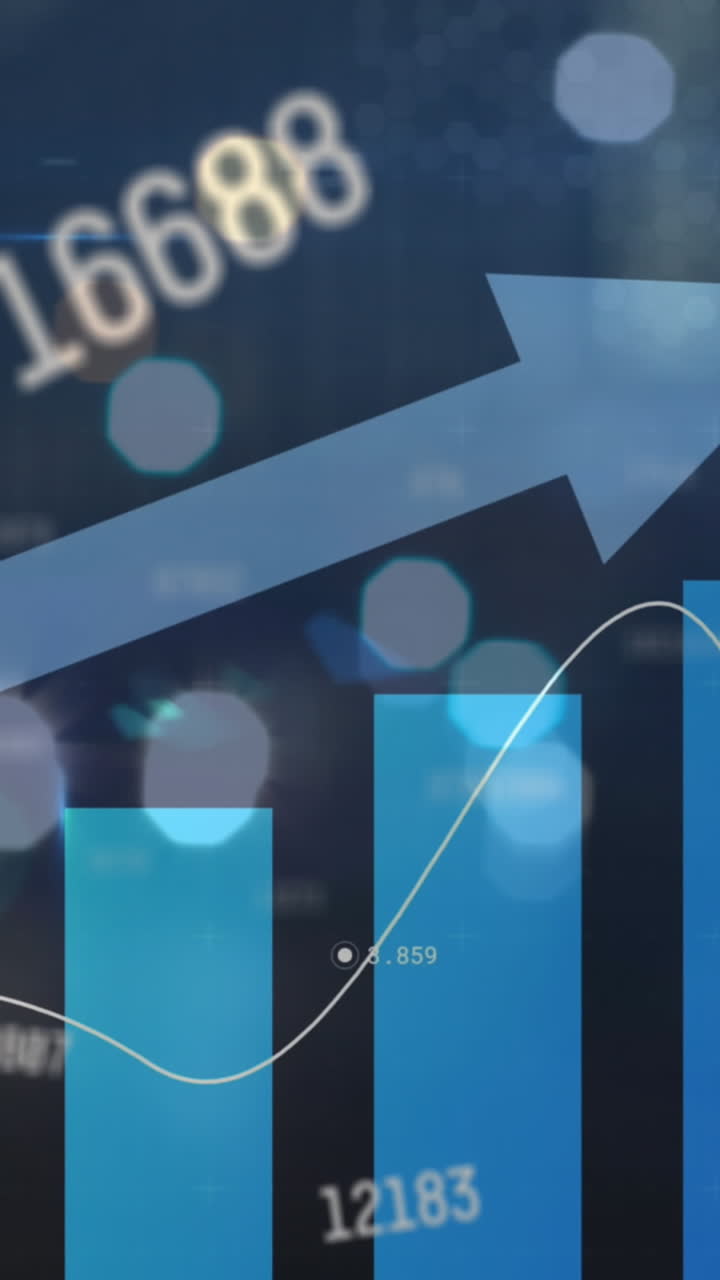 animación del procesamiento de datos financieros con flecha sobre las luces de la carretera de la ciudad fuera de foco