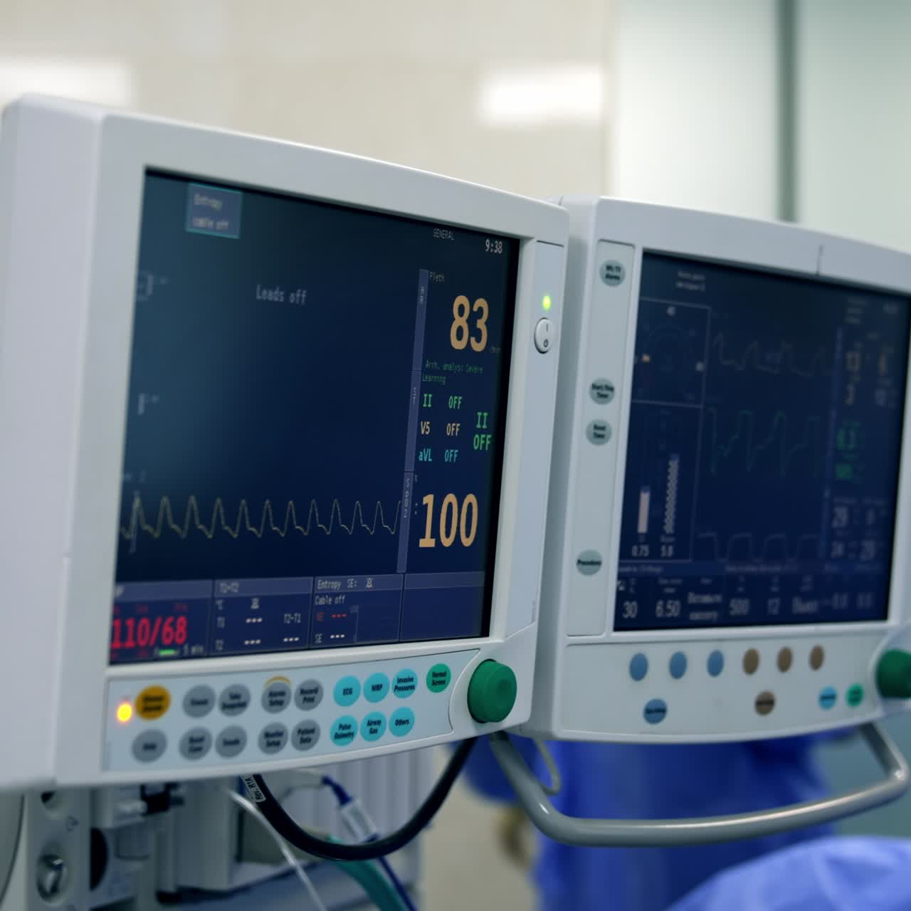Parametri vitali sugli schermi dei sistemi medici durante l'intervento. Due medici che operano il paziente sullo sfondo, in modalità sfocata