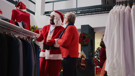 Als-Weihnachtsmann-Verkleideter-Mitarbeiter-Präsentiert-Einem-älteren-Kunden,-Der-In-Einem-Weihnachtlich-Geschmückten-Bekleidungsgeschäft-Ein-Geschenk-Für-Ein-Familienmitglied-Kaufen-Möchte,-Materialien-Und-Preisinformationen-Zu-Einem-Roten-Kleidungsstück