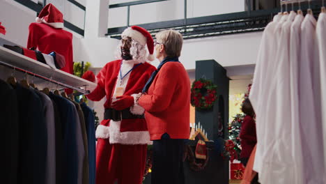 empleado vestido de papá noel, presentando materiales e informaciones de precios sobre una pieza de ropa roja a un cliente anciano que busca comprar un regalo para un miembro de la familia en una tienda de ropa decorada para navidad