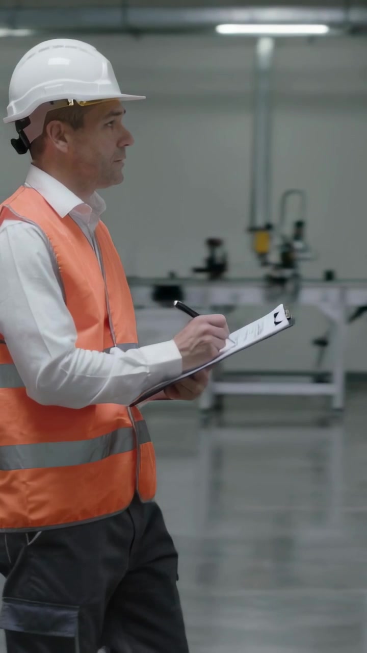 Vertical video: Entering left man in hat vest moving plant aisle checking alarm with clipboard+pen