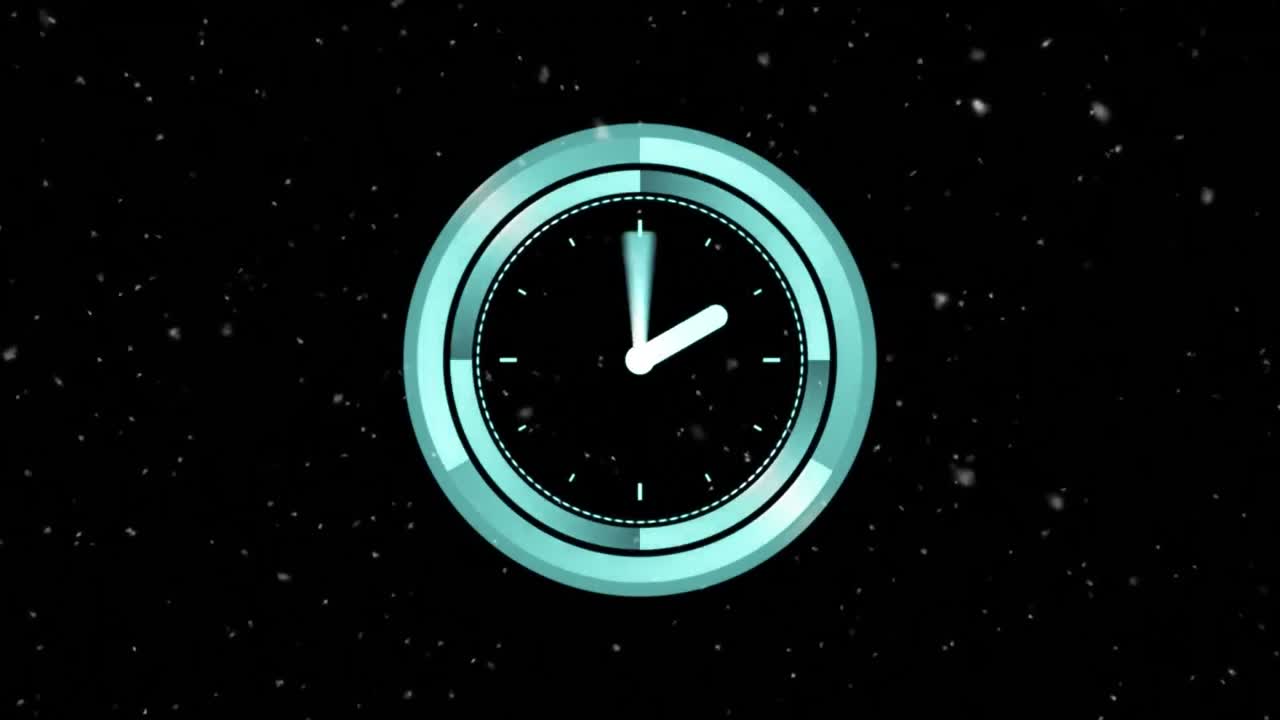 Animation of moving white spots and clock over black background