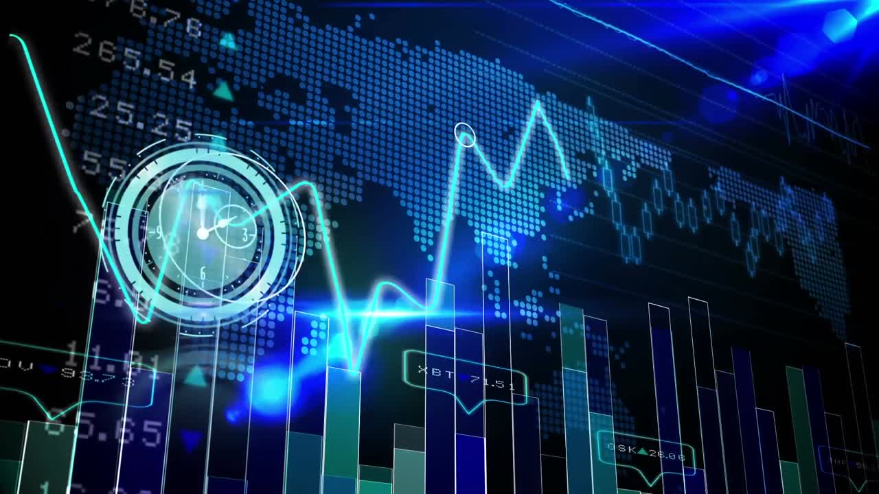 animación del reloj y el procesamiento estadístico sobre un fondo oscuro