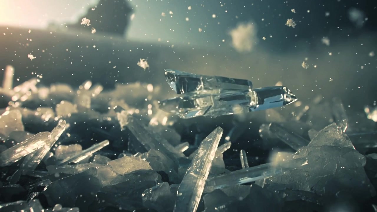 Drifting snow lifting faceted ice crystal rotating and settling on larger shard under warm light