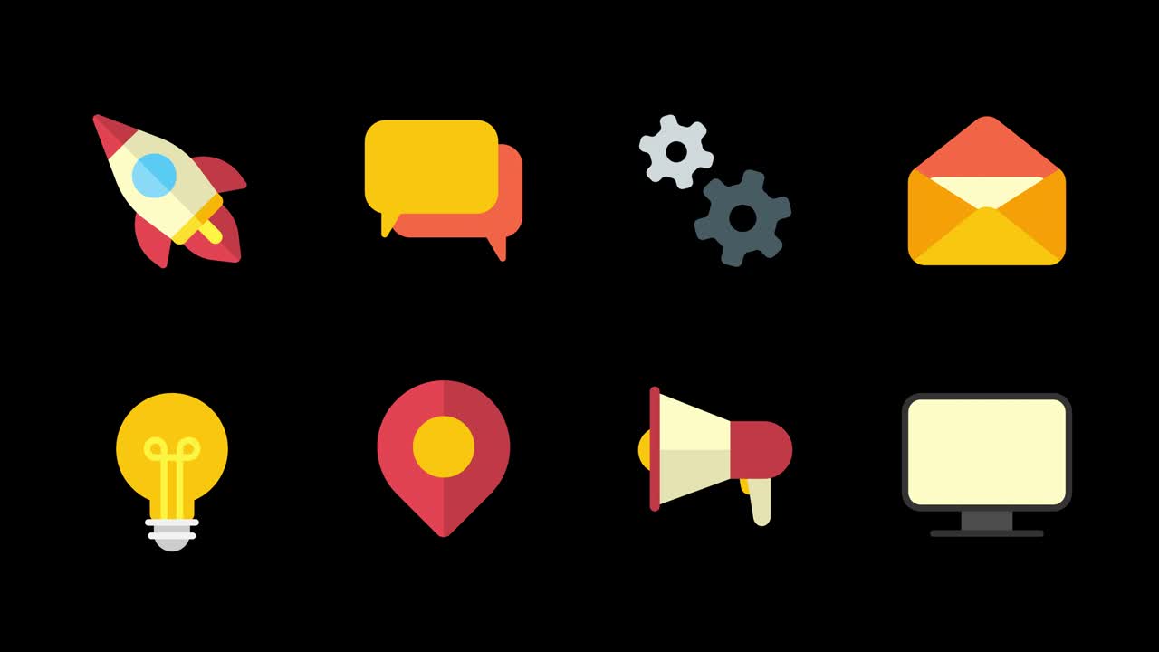 Icons set rocket clouds gears letter light bulb marker megaphone monitor. Alpha channel