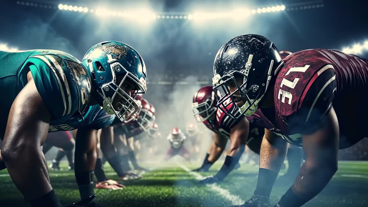 Dramatic low-angle video shot of football players facing off on the field, highlighting intensity
