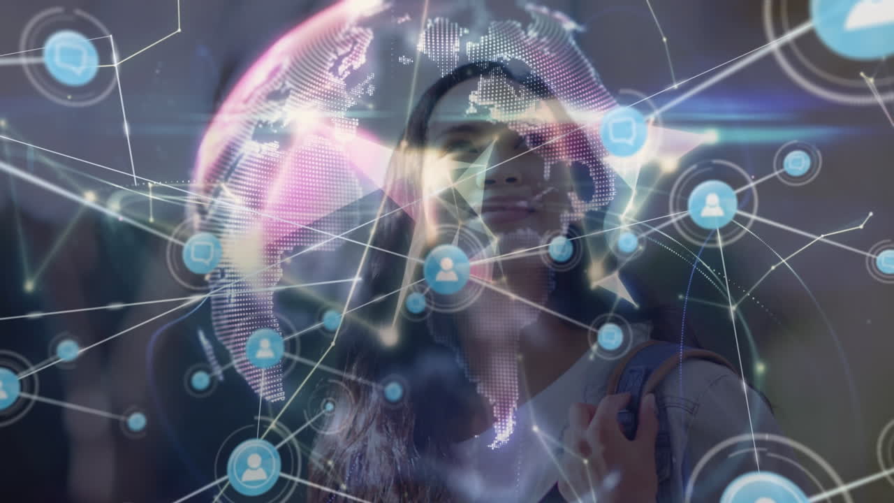 animación de la red de conexiones con el globo sobre la mujer biracial.