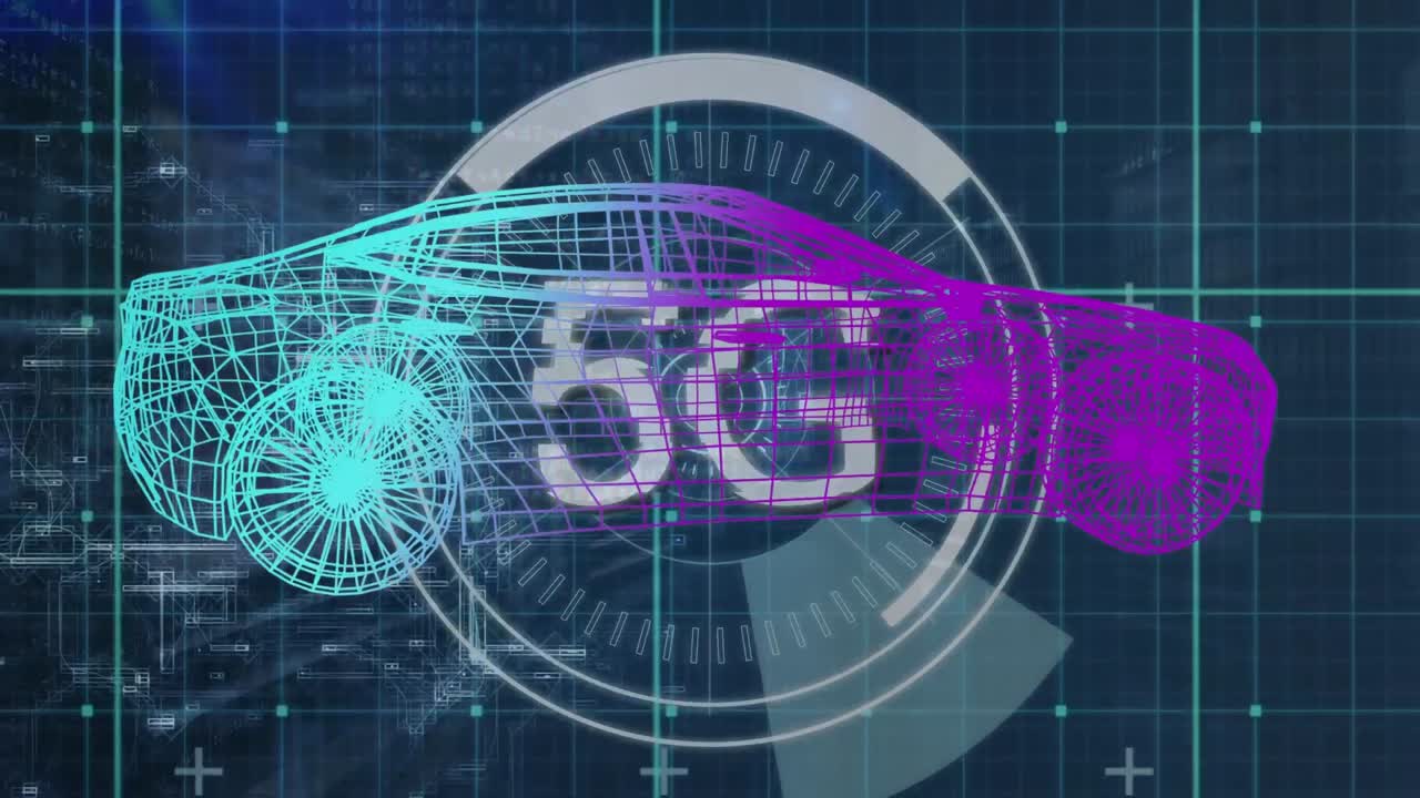 자동차 프로젝트의 애니메이션과 파란색과 검은색 공간에서 회전하는 5g