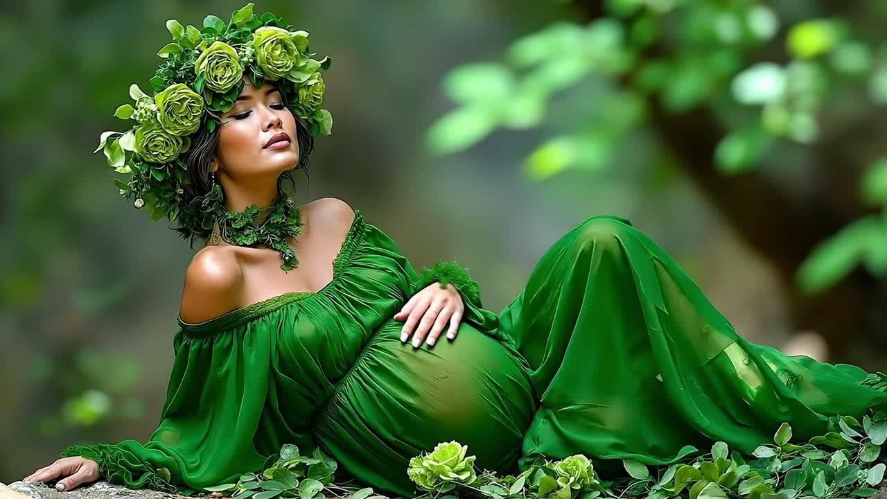 Una donna con un vestito verde sdraiata su una roccia nel bosco