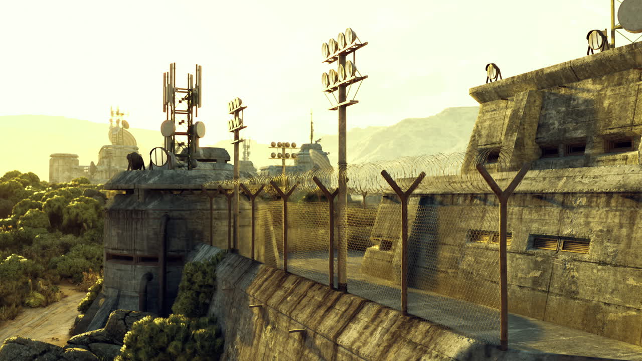 Abandoned military fortress with communication towers at sunset