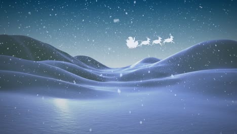 Animation-of-snow-falling-over-silhouette-of-santa-claus-in-sleigh-with-reindeer-in-winter-scenery