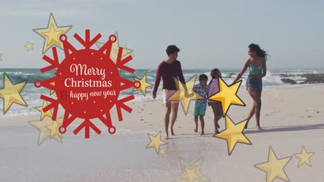 animation of merry christmas and happy new year text with stars over biracial family at beach