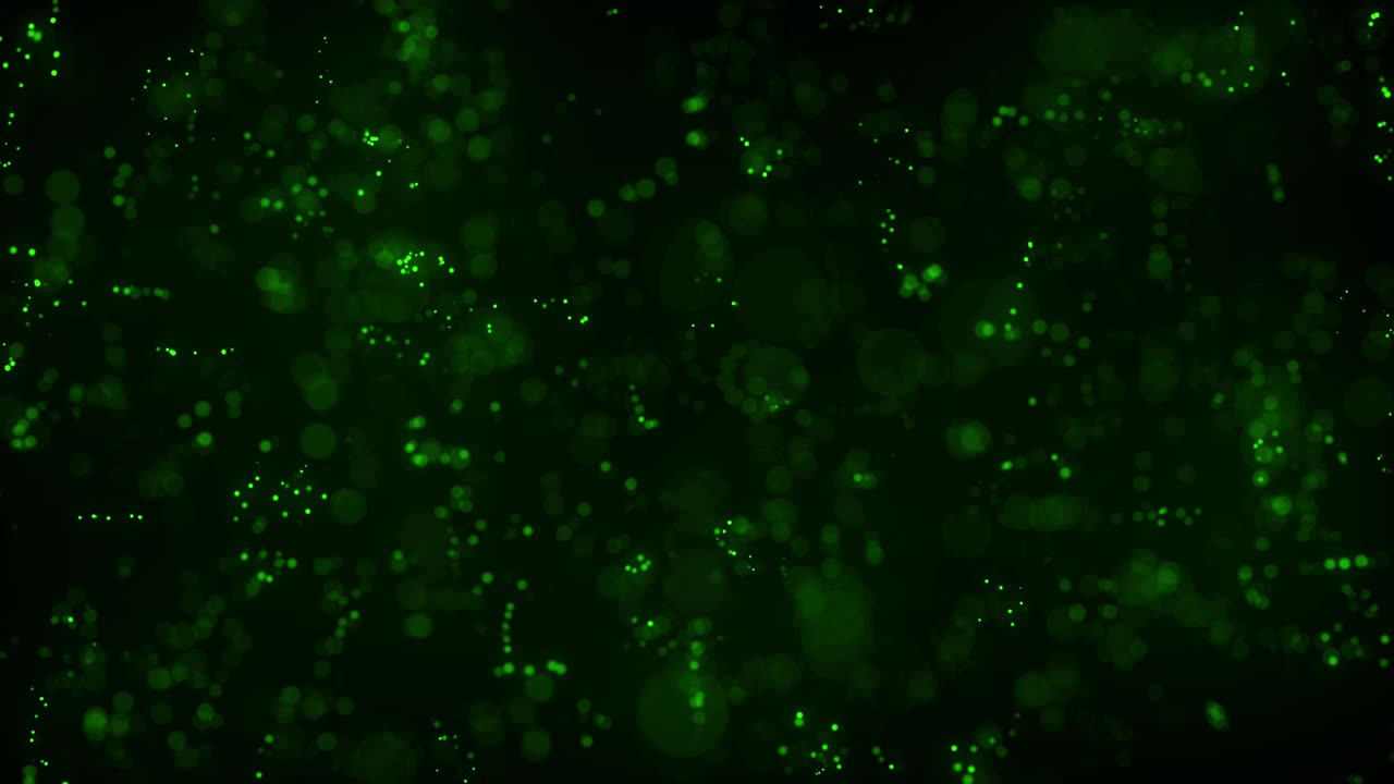 Abstract dots background. Green illuminated particles. Depth of field. Abstract lighting, dust, particle and glare on a dark background. Futuristic technology. Bokeh. 3d loop animation, VJ, 4K