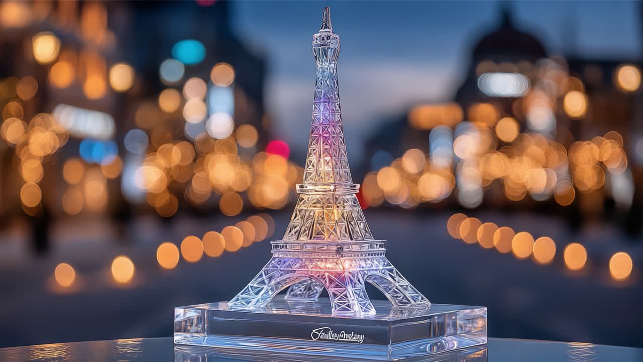 Una splendida replica in cristallo della Torre Eiffel illuminata da morbide luci bokeh, che cattura il fascino di Parigi in un'atmosfera serale magica.