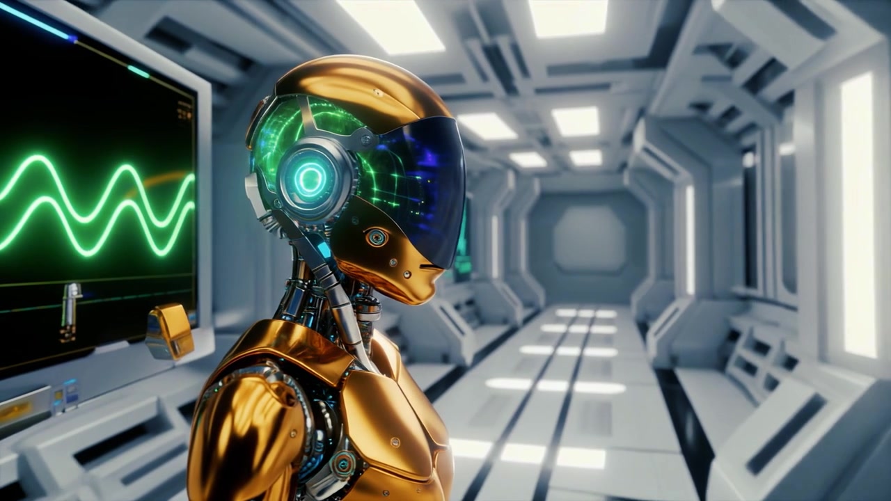 Robot androide dorato in piedi in un corridoio di astronave futuristica