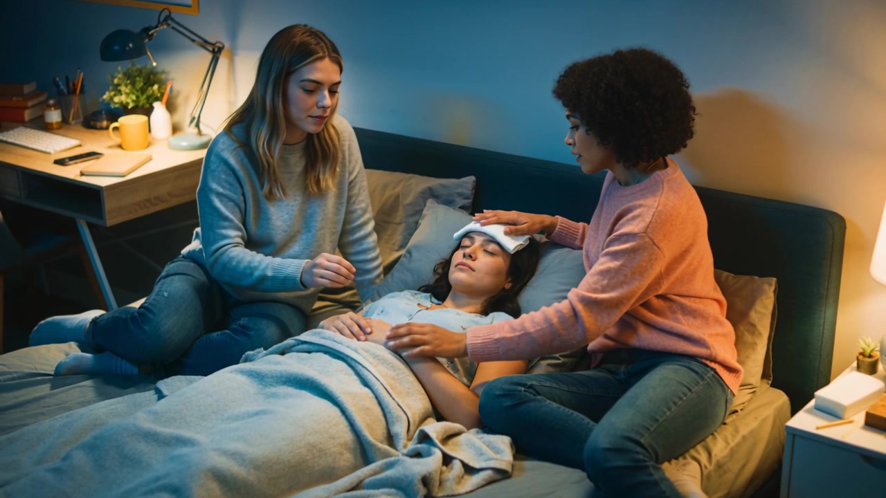 Notando la febbre di una donna che riposa, due amiche le applicano un impacco e la confortano in camera da letto di notte.