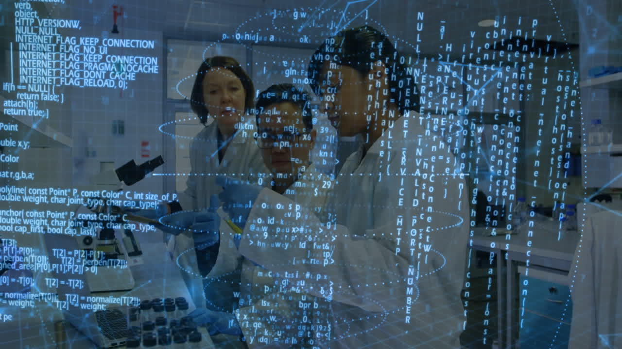 Scientists working in laboratory with digital data and coding overlay animation