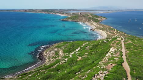 Capo-San-Marco-Trail-and-Beach-in-San-Giovanni-di-Sinis,-Sardinia,-Italy---4k-Aerial