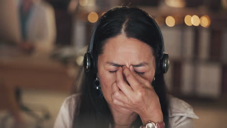 stress, migraine or asian woman in call center