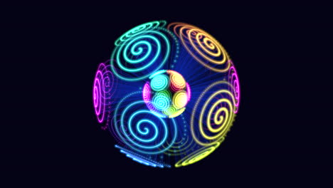 rainbow abstract and illusion sphere with neon dots and lines on black gradient