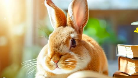 a rabbit sitting on top of a pile of books