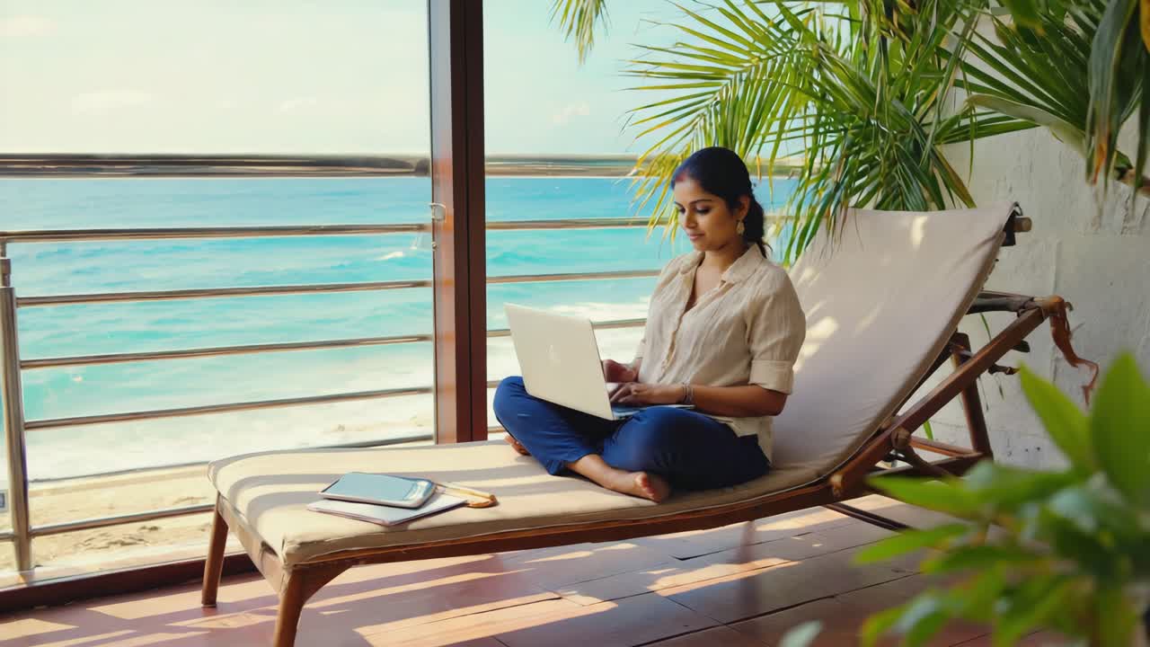Woman working on laptop on beach lounger