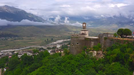 gjirokaster castle tower clock overlooking the river valley, albania