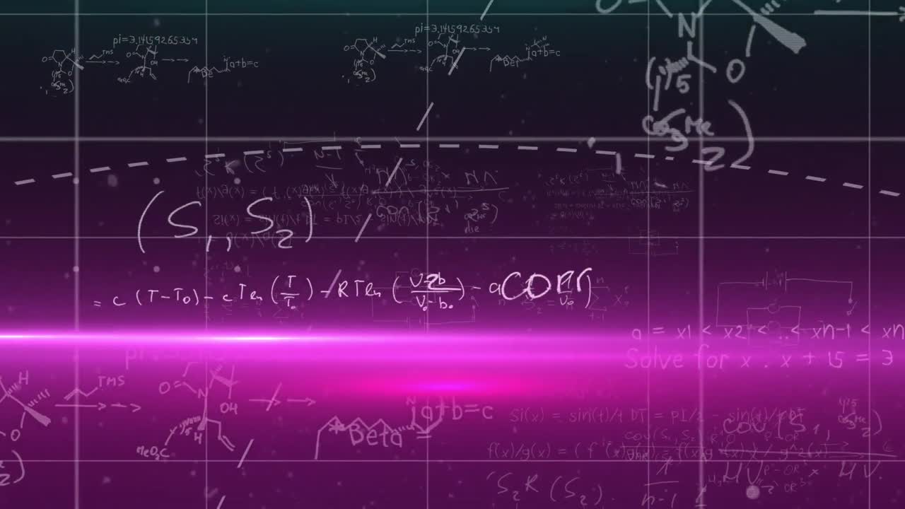 animación de fórmulas matemáticas y procesamiento de datos con punto brillante sobre fondo púrpura