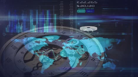 Animación-Del-Procesamiento-De-Datos-Y-Mapa-Mundial-Sobre-Un-Reloj-En-Movimiento