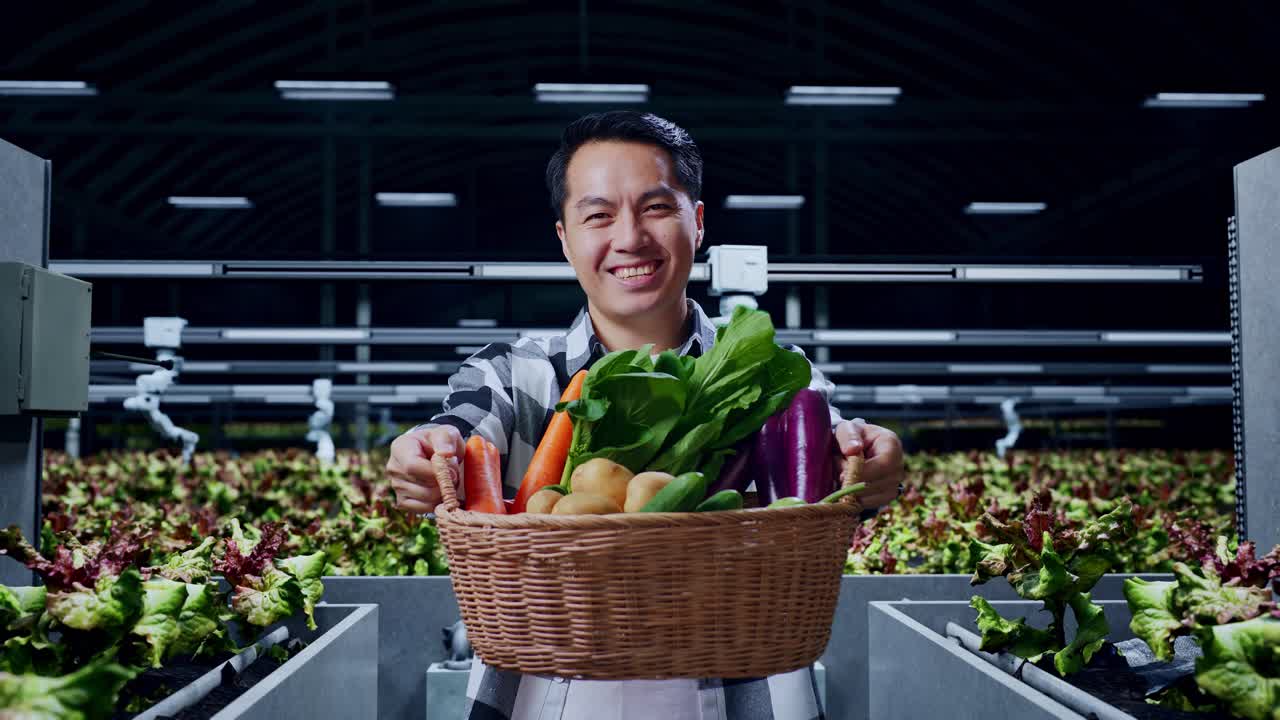 아시아 남성 농부 는 채소 와 함께 바구니 를 주고 똑똑 한 농장 에서 따뜻 하게 미소 짓는다