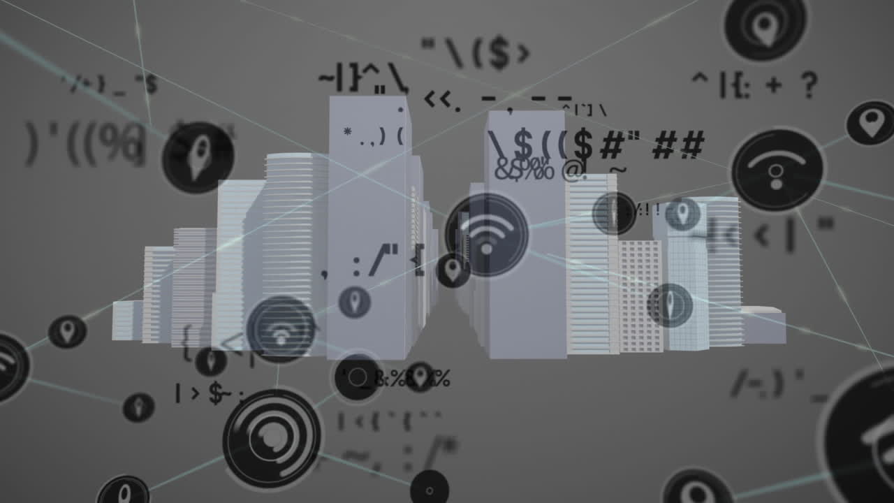 Animation of data processing with network of connections over cityscape