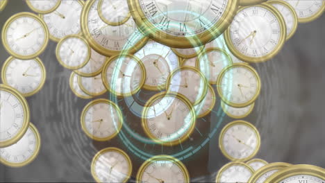 animación del escaneo del alcance sobre billetes de dólares estadounidenses y relojes que tiquetean