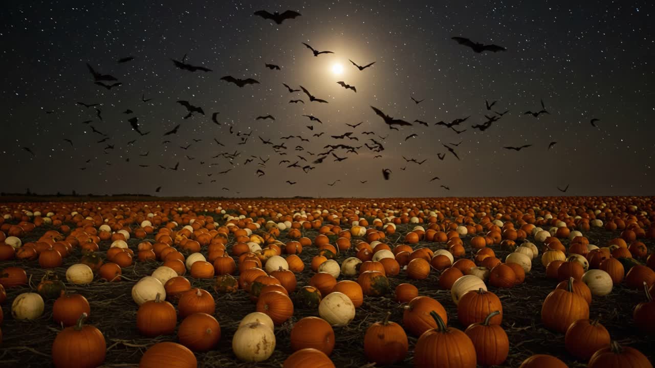 A Mysterious Autumn Night: Bats Soar Over a Pumpkin Field Under the Moonlight, Creating a Spooky Atmosphere in a Starry Sky