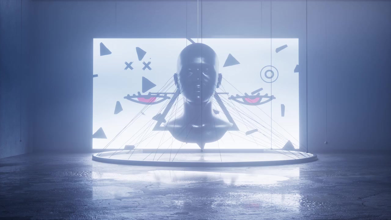 Surreal Human Head Sculpture with Animated Digital Projections