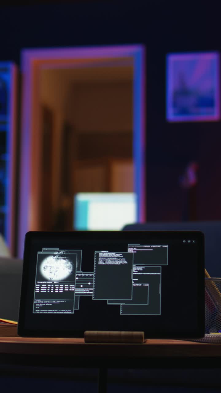 Vertical Video Black IT professional in loft working on cybersecurity with gadgets