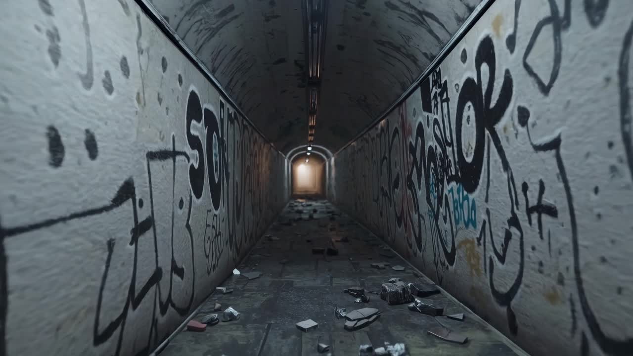 A low-angle video shot of a graffiti-covered tunnel with scattered debris, creating an urban, gritty
