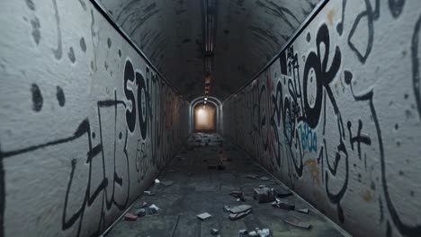 a low-angle video shot of a graffiti-covered tunnel with scattered debris, creating an urban, gritty
