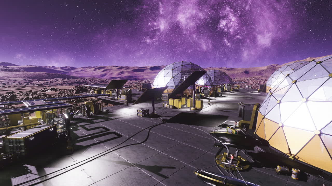 Tonos del atardecer proyectan un brillo vibrante sobre módulos de investigación y habitación activos