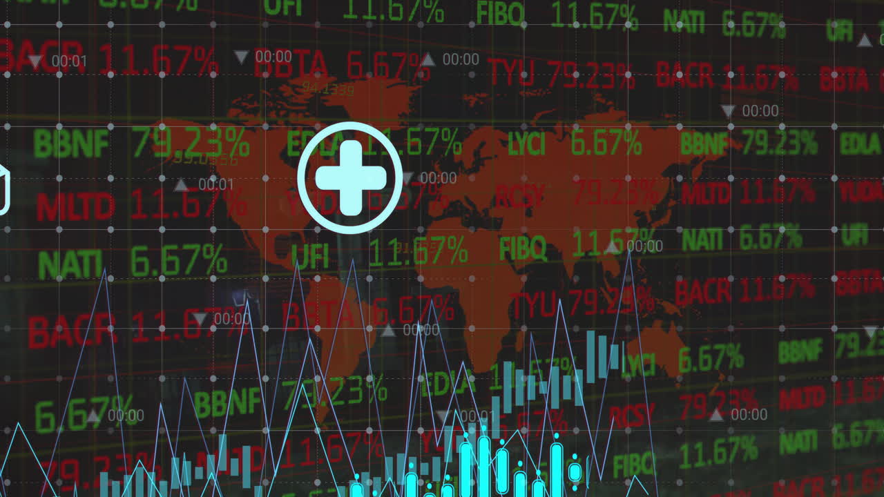 Light blue plus icon floating over dashboard, showing red map green percent candlestick bars