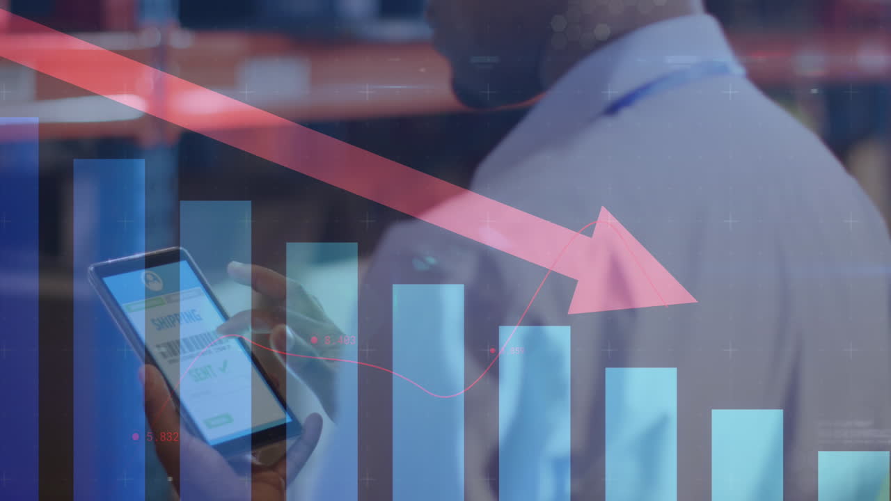 Animation of statistics, red arrow and data processing over biracial man working in warehouse