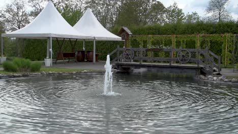 Fuente-De-Agua-De-La-Boda-Rodeada-Por-Un-Jardín