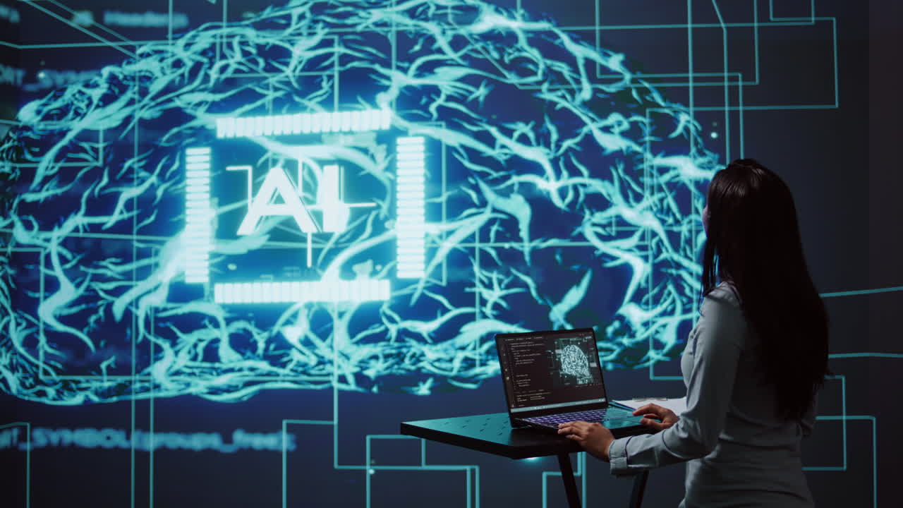 AI specialist reviews data charts, working in tech industry