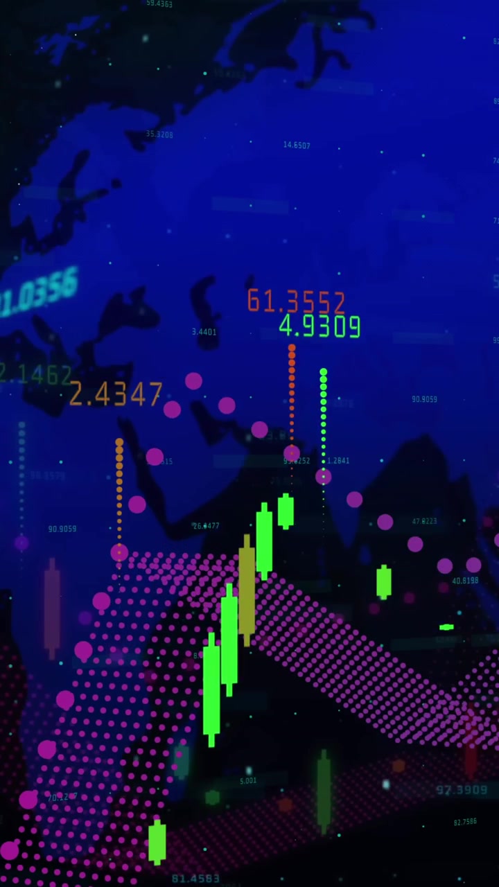Animazione di elaborazione dati finanziari su una mappa del mondo.