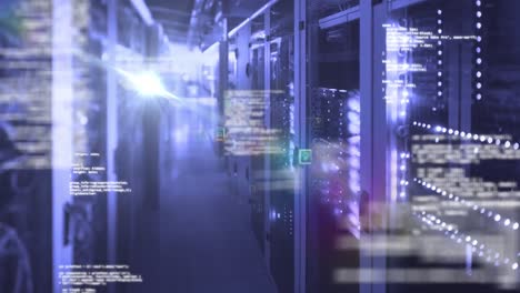 animation of icons and data processing over server room