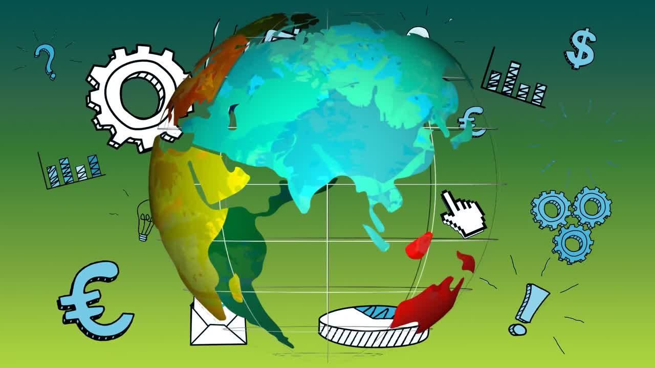 animación de iconos de negocios y oficinas y globo sobre fondo verde